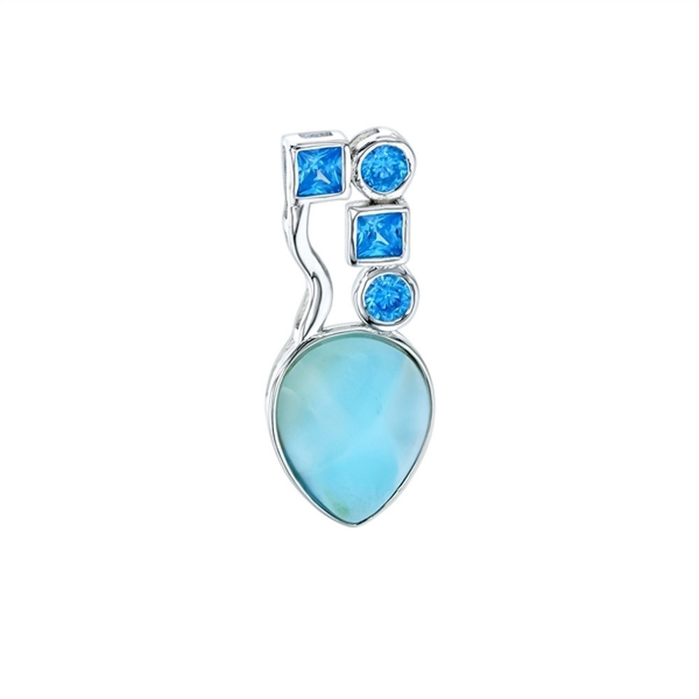 925 Sterling  Silver Larimar Teardrop w Aqua CZ Shapes Pendant  3.8 gm